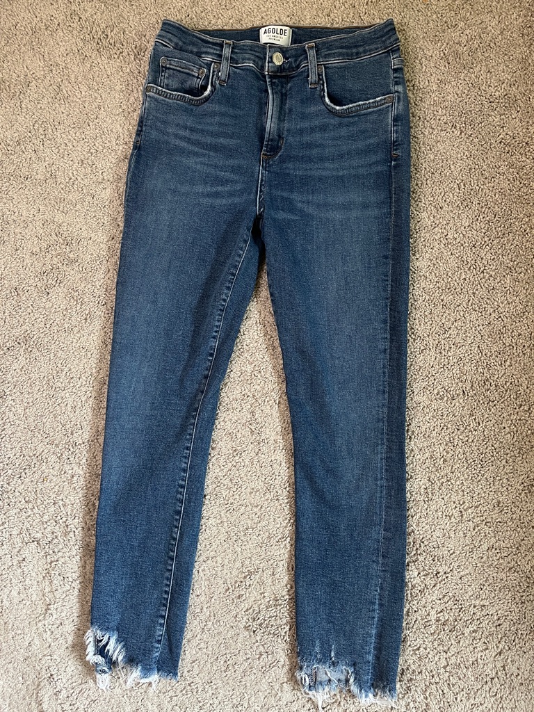 Agolde Sophie High-Rise Skinny Crop Blue Jeans Frayed Raw Hem Size 29